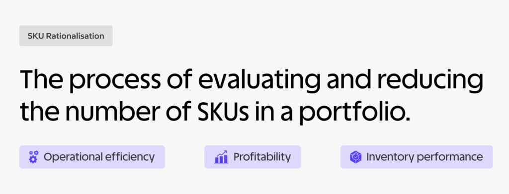 SKU Rationalisation: Process, Formulas & Decision Framework 3 SKU rationalisation is the process of evaluating and reducing the number of stock keeping units (SKUs) in a product portfolio to improve operational efficiency, profitability, and inventory performance.